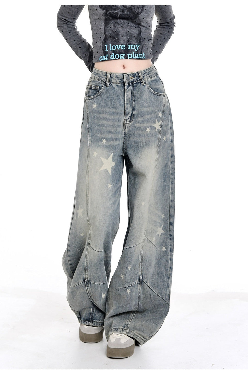 Vintage Star Print Curved Wide Leg Baggy Floor‑Length Denim Jeans