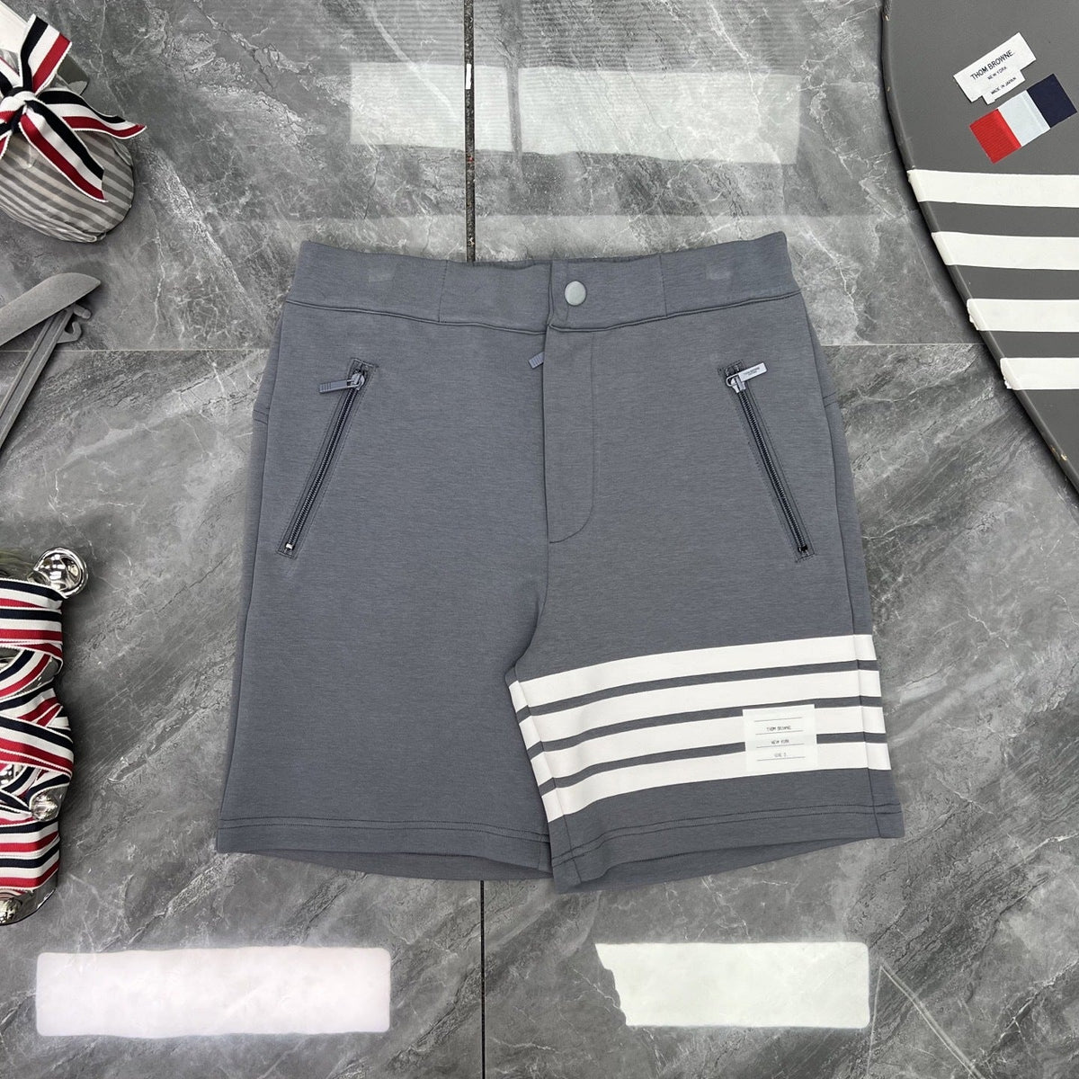 Thom Browne Style Four-Bar Knee-Length Shorts