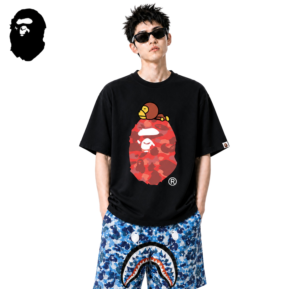 BAPE FW22 Red Camo Milo Ape Head Men's T-Shirt - Black