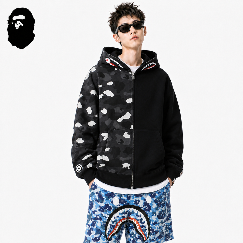 BAPE Fluorescent Split Camo Shark Zip Hoodie