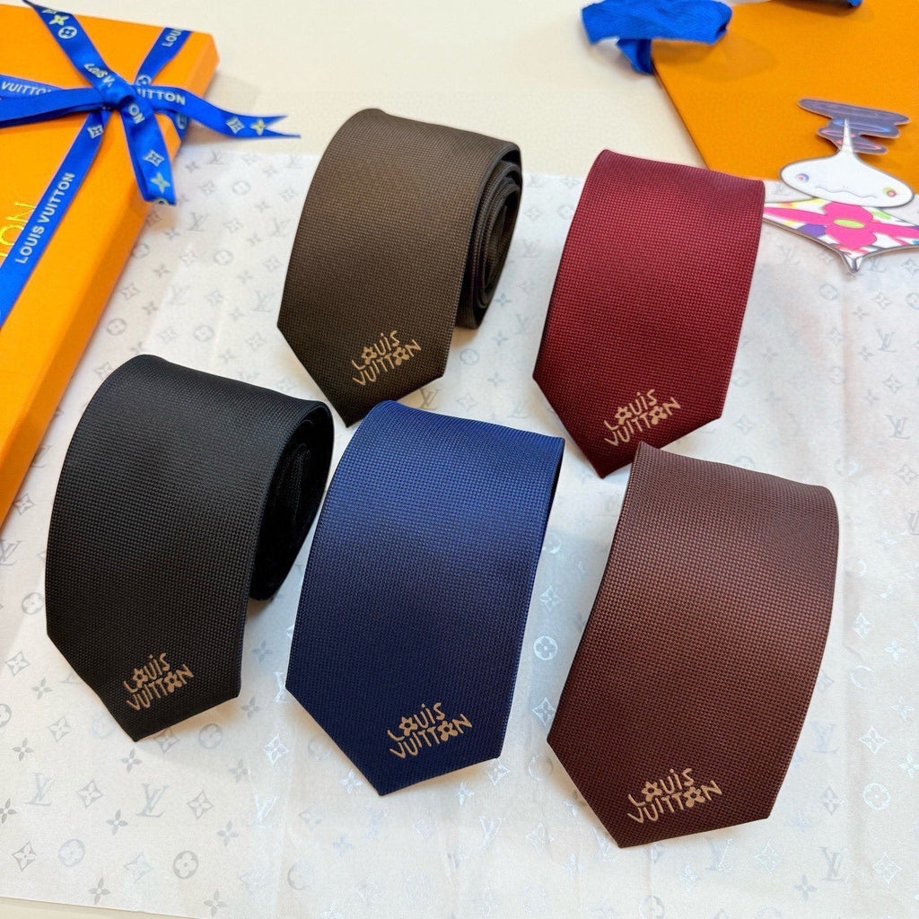 Louis Vuitton Style Men's Embroidered Logo Silk Tie