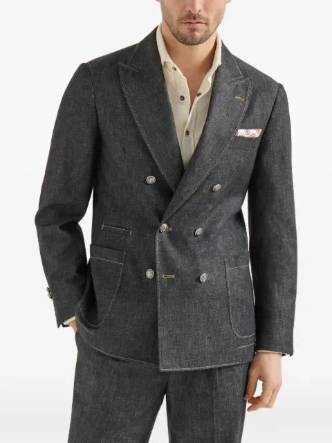 Brunello Cucinelli no-fade lightweight denim one-and-a-half breasted deconstructed blazer with patch-pockets and metal buttons