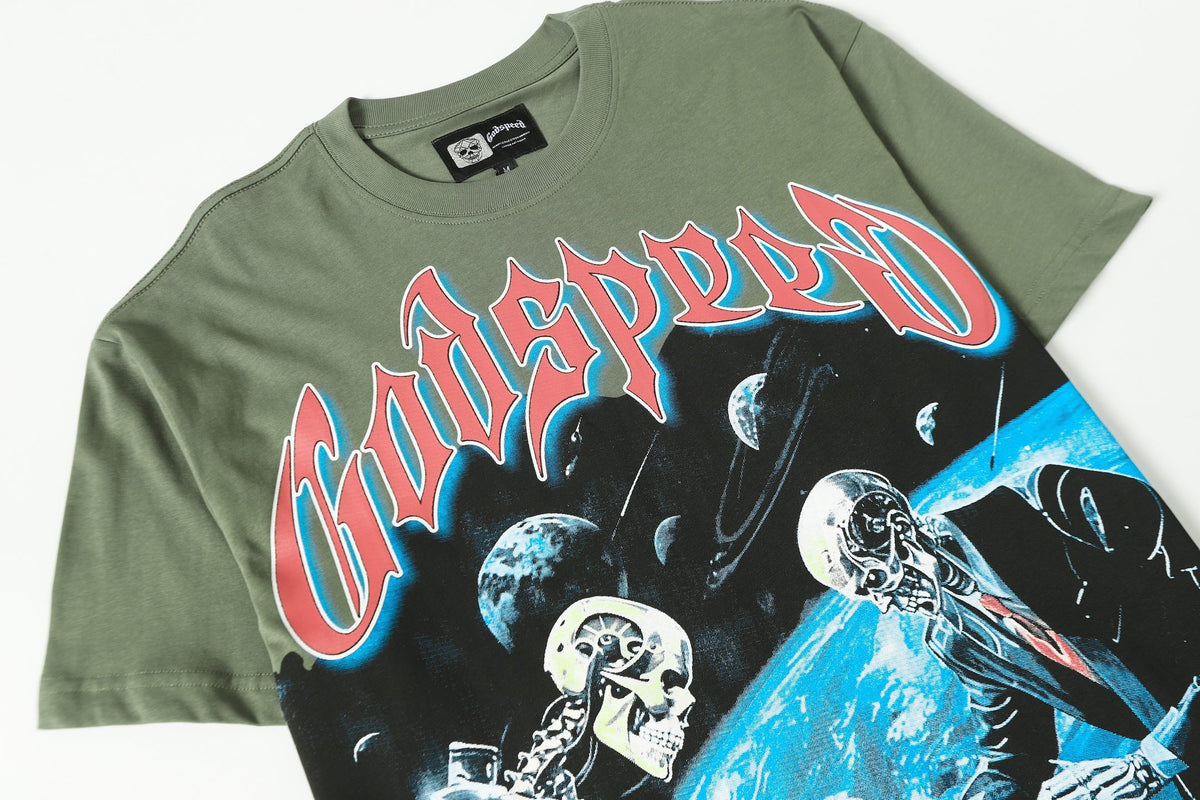 Godspeed Skeletons Playing Chess Space Short Sleeve Tee (Olive Green)