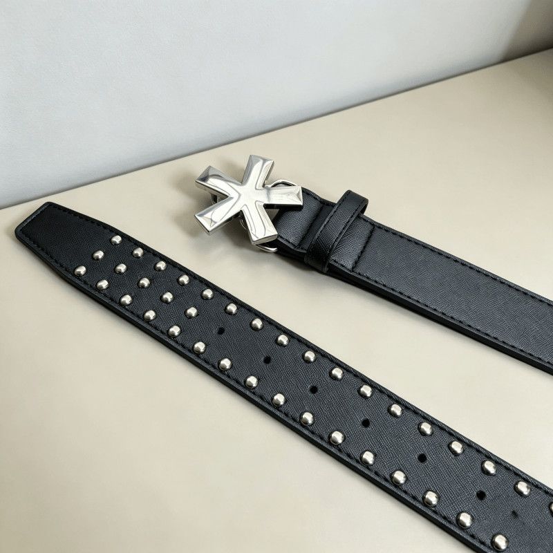 Silver Cross Star Buckle Leather Belt Punk Double Row Studded Waist