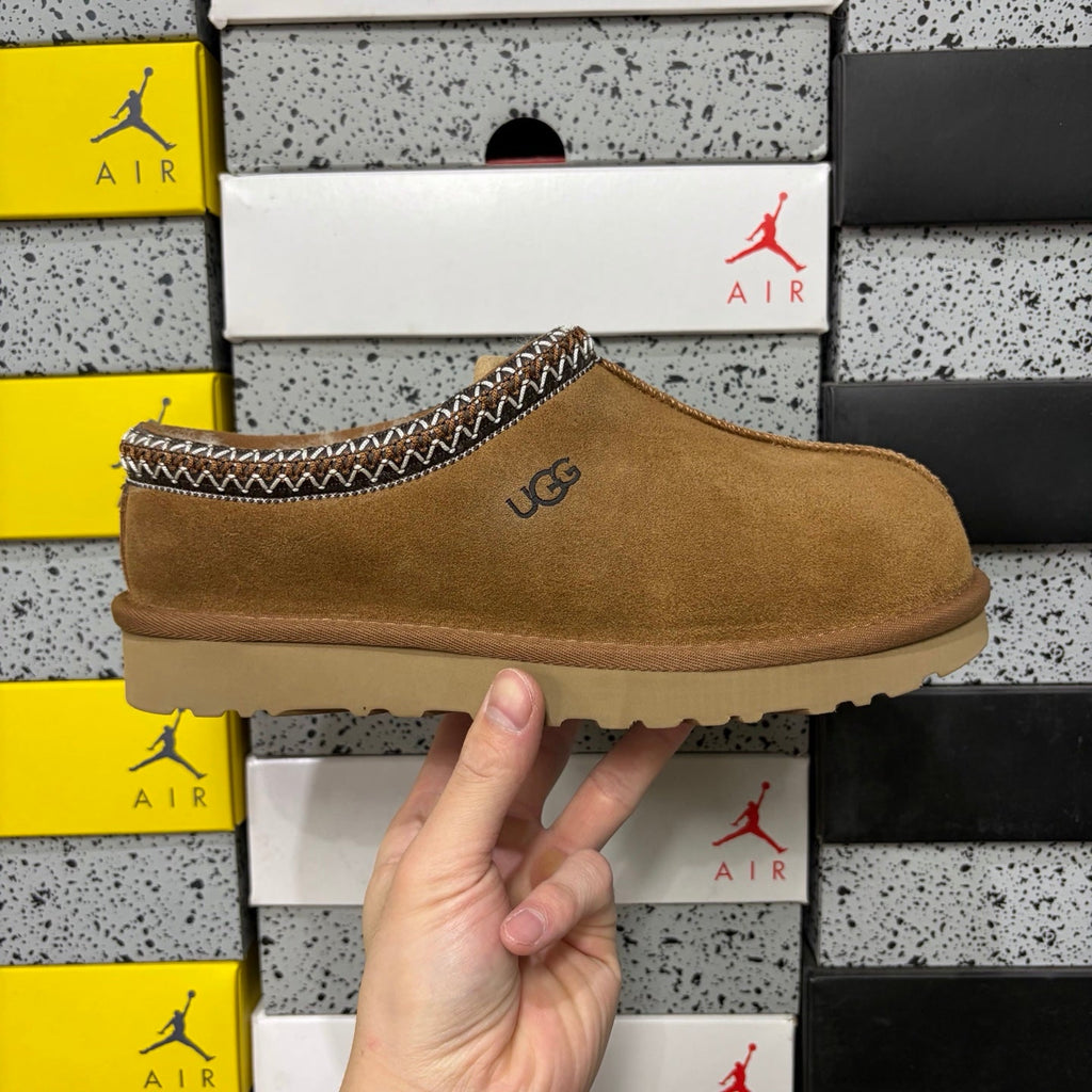 UGG Tasman Slip-On Slipper – Suede Moccasin with Shearling Lining, Brown & White Woven Collar & Sand Lug Sole in Chestnut