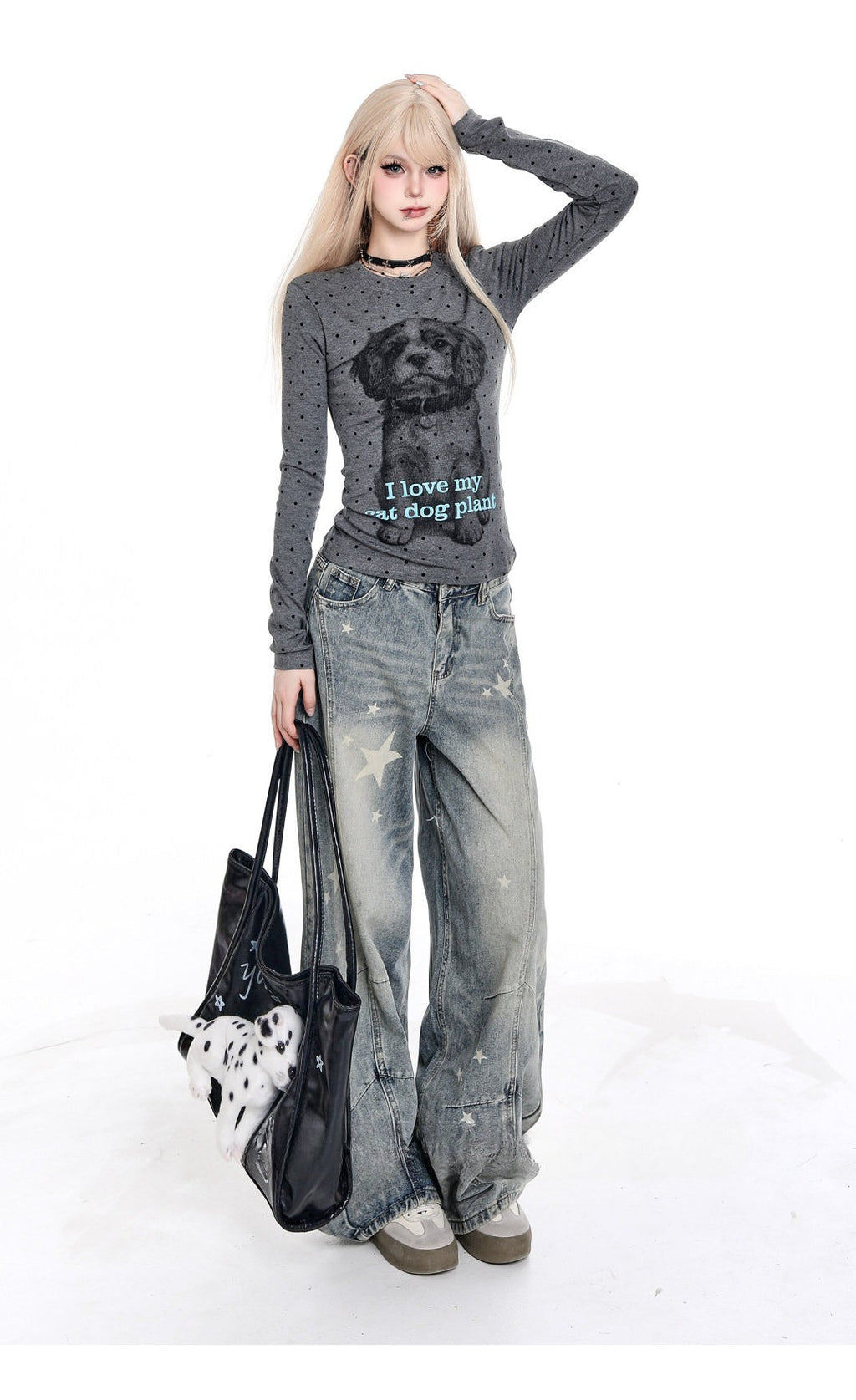 Vintage Star Print Curved Wide Leg Baggy Floor‑Length Denim Jeans