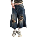 Vintage Distressed Washed Capri Denim Wide Leg Baggy Shorts