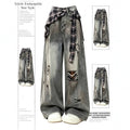 Vintage Distressed Ripped Wide Leg Jeans with Plaid Skirt Overlay