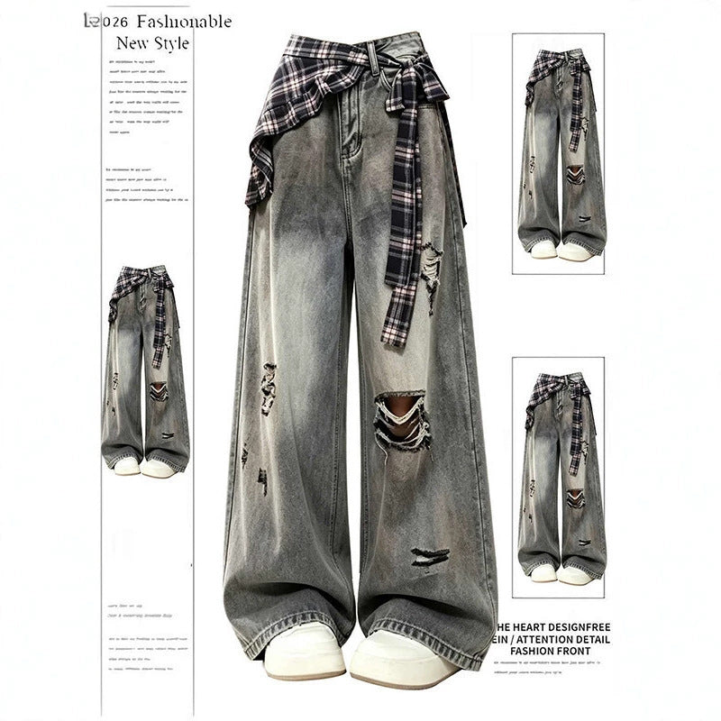 Vintage Distressed Ripped Wide Leg Jeans with Plaid Skirt Overlay
