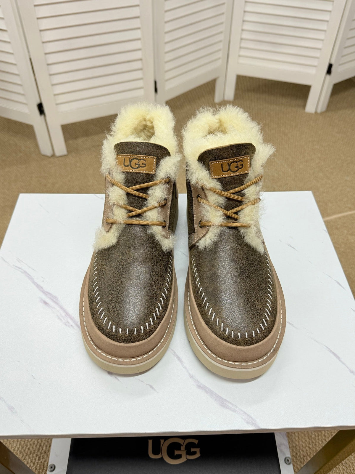 UGG Taupe Shearling-Collar Leather Boots
