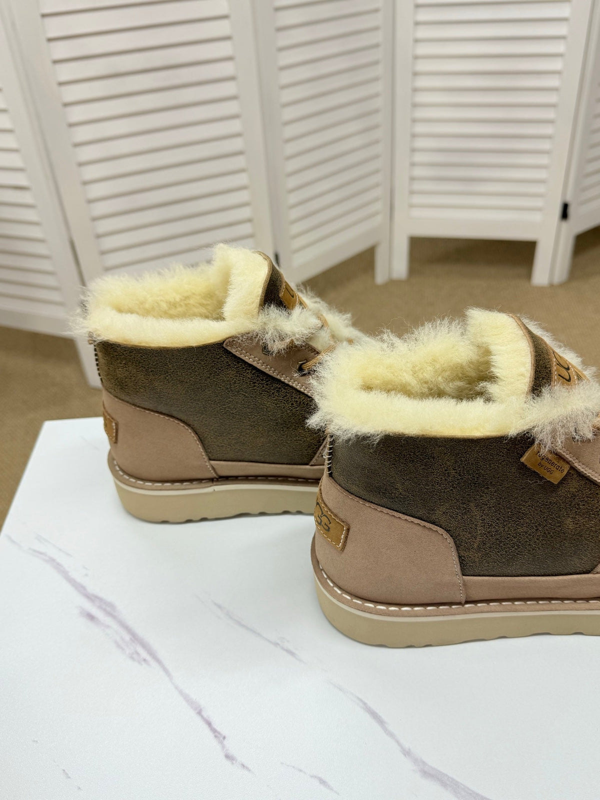 UGG Taupe Shearling-Collar Leather Boots