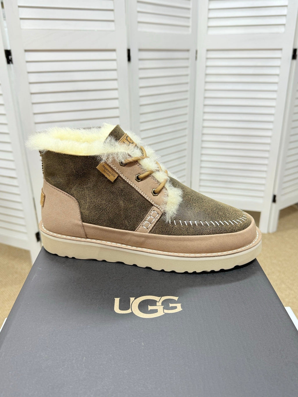 UGG Taupe Shearling-Collar Leather Boots