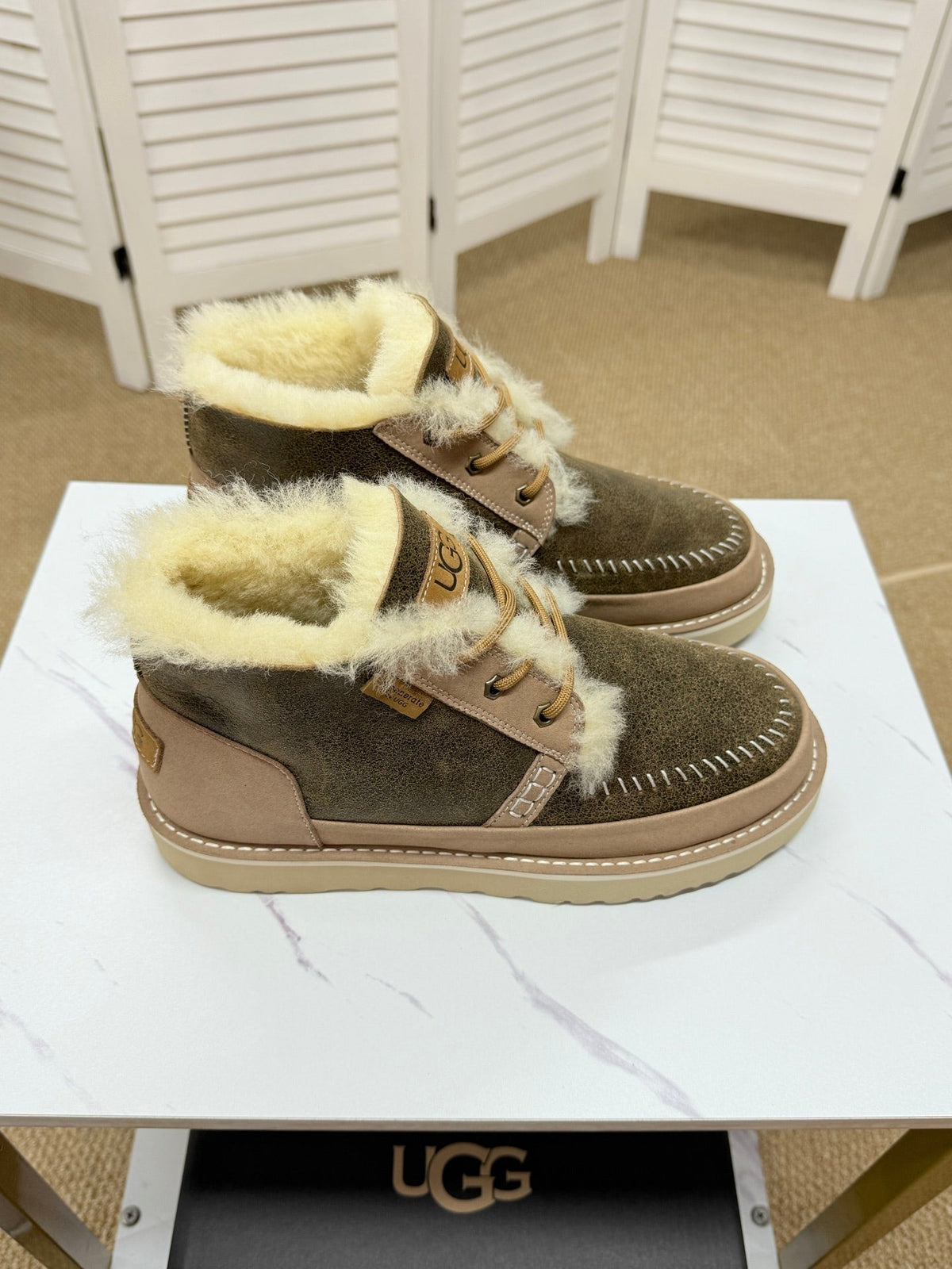 UGG Taupe Shearling-Collar Leather Boots