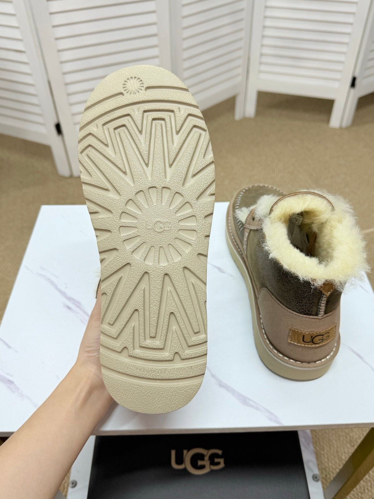 UGG Taupe Shearling-Collar Leather Boots
