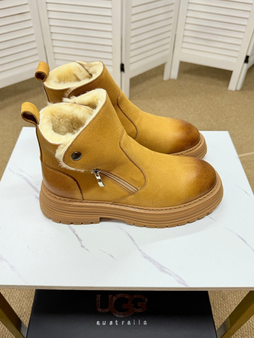 UGG Chestnut Shearling-Collar Leather Boots