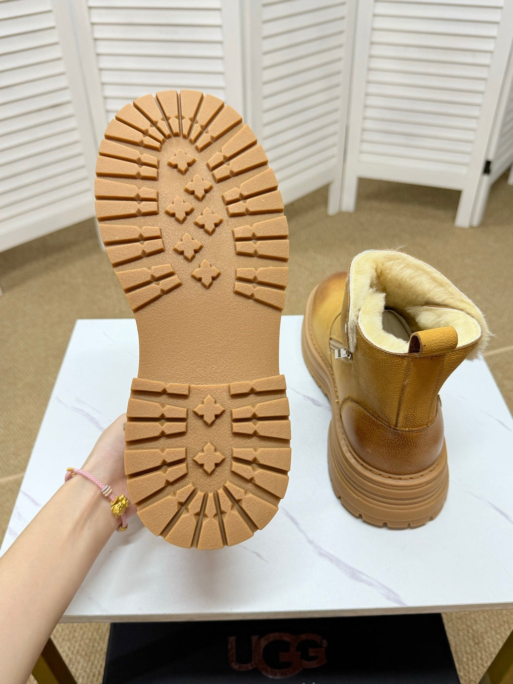 UGG Chestnut Shearling-Collar Leather Boots