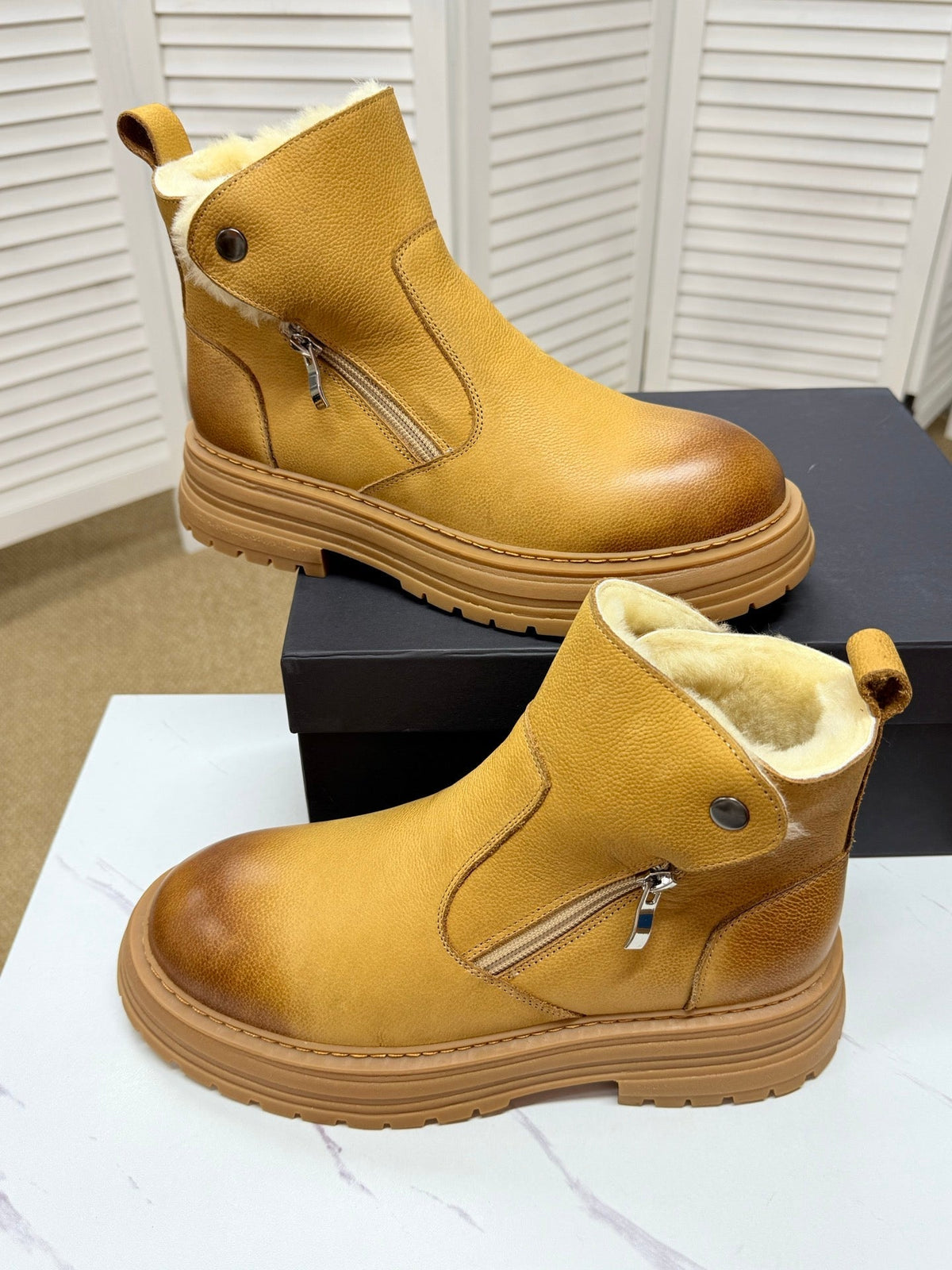 UGG Chestnut Shearling-Collar Leather Boots