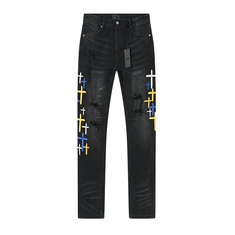 R+A Cross Embroidered Distressed Jeans