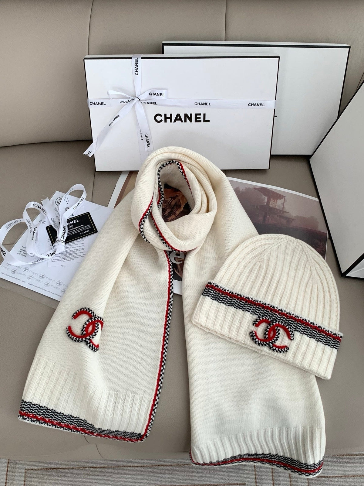 Chanel Style Contrast-Trim Scarf and Beanie Set