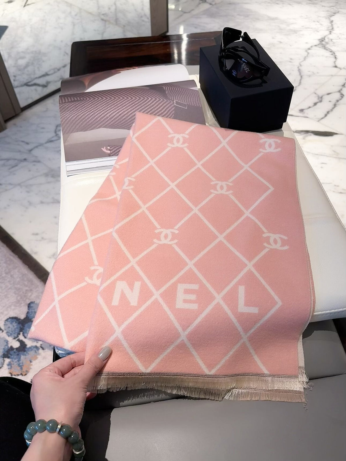 Chanel Style Diamond Lattice Logo Scarf