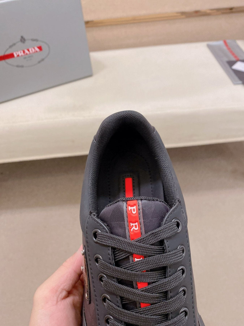 Prada Men's Black Red-Accent Low-Top Sneakers