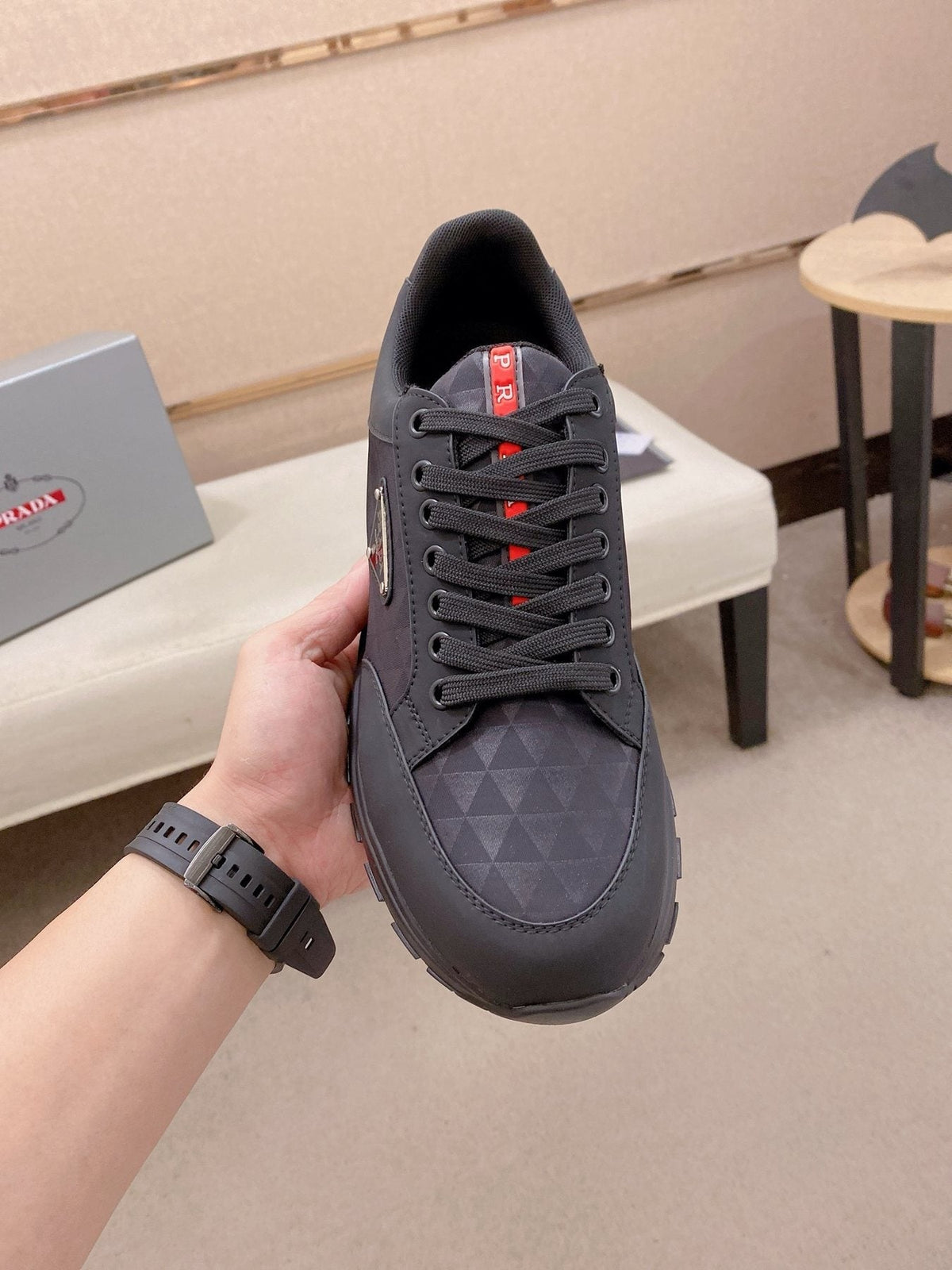 Prada Men's Black Red-Accent Low-Top Sneakers
