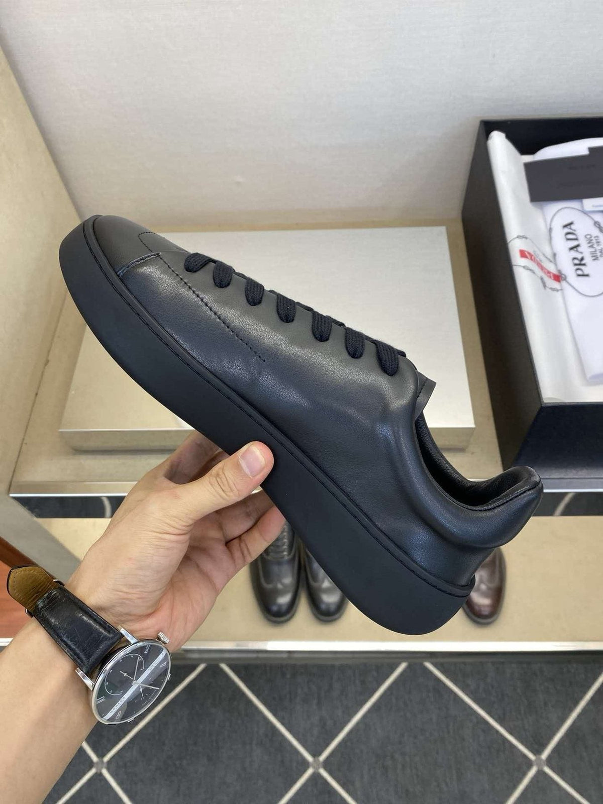 Prada Men's Black Lace-Up Low-Top Sneakers