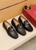 Ferragamo Men's Black Buckle Loafers - Moc-Toe Stitching, Leather Lining