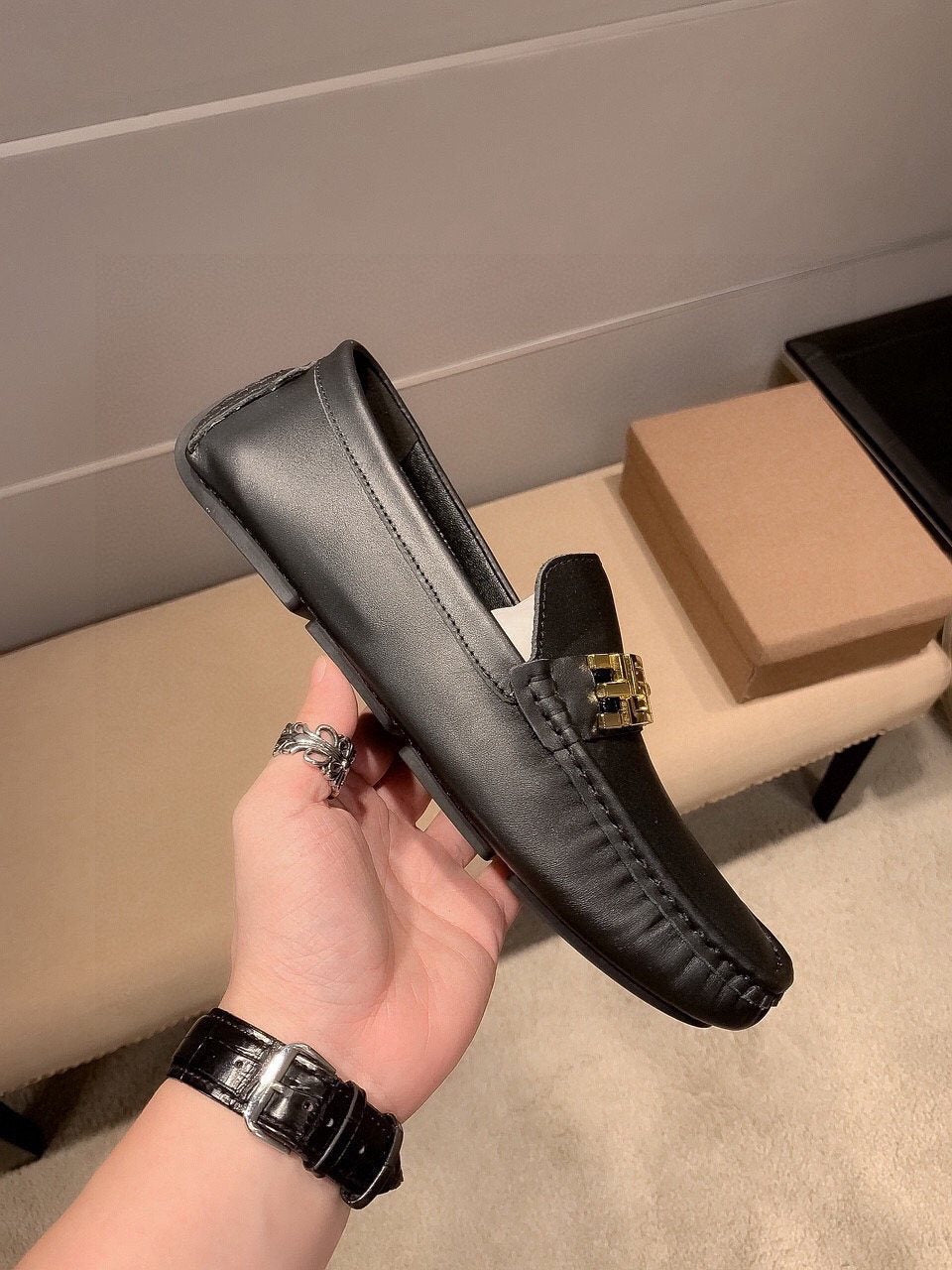 Versace Men's Black Gold-Tone Hardware Loafers - Low-Profile Rubber Sole