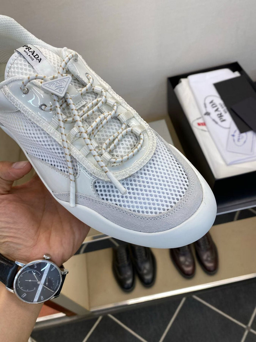 Prada Men's White Mesh Panel Sneakers