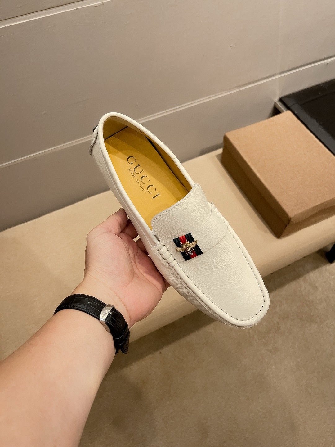 Gucci White Web Accent Loafers