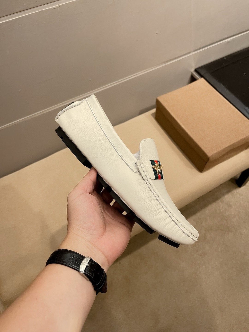 Gucci White Web Accent Loafers