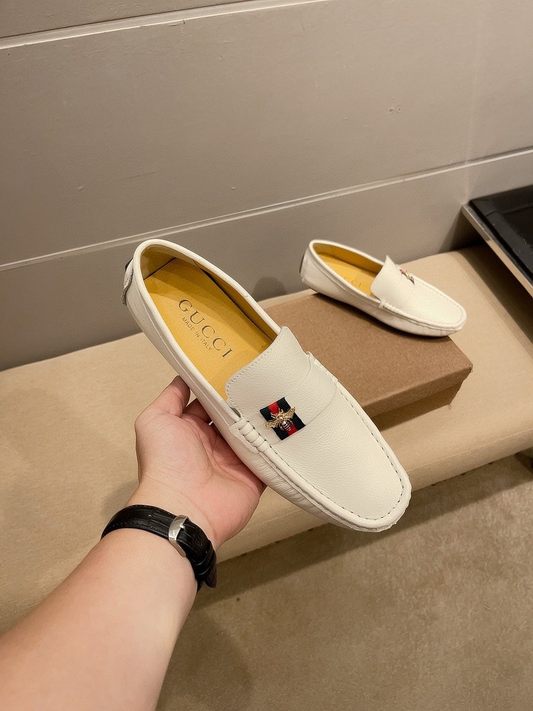 Gucci White Web Accent Loafers