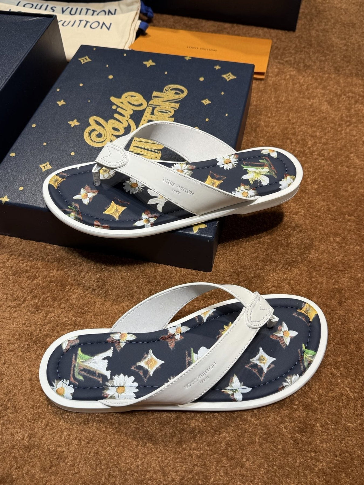 Louis Vuitton White & Navy Floral Flip-Flops