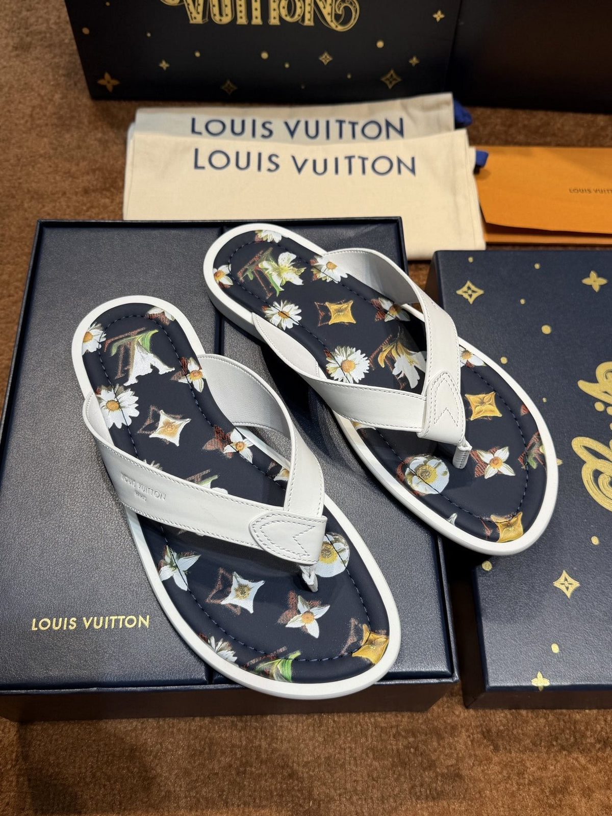 Louis Vuitton White & Navy Floral Flip-Flops