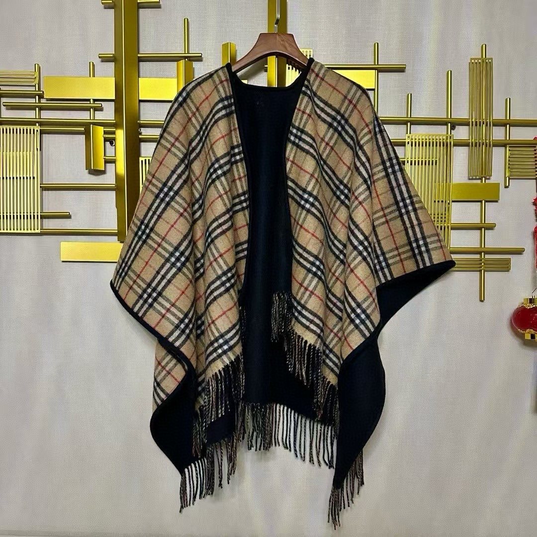 Burberry Reversible Plaid Fringed Poncho Wrap
