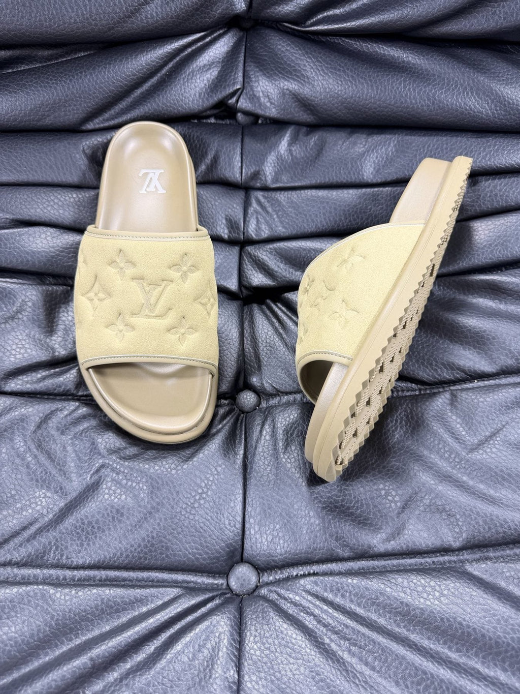 Louis Vuitton Embossed Slide Sandals - Pale Olive Green