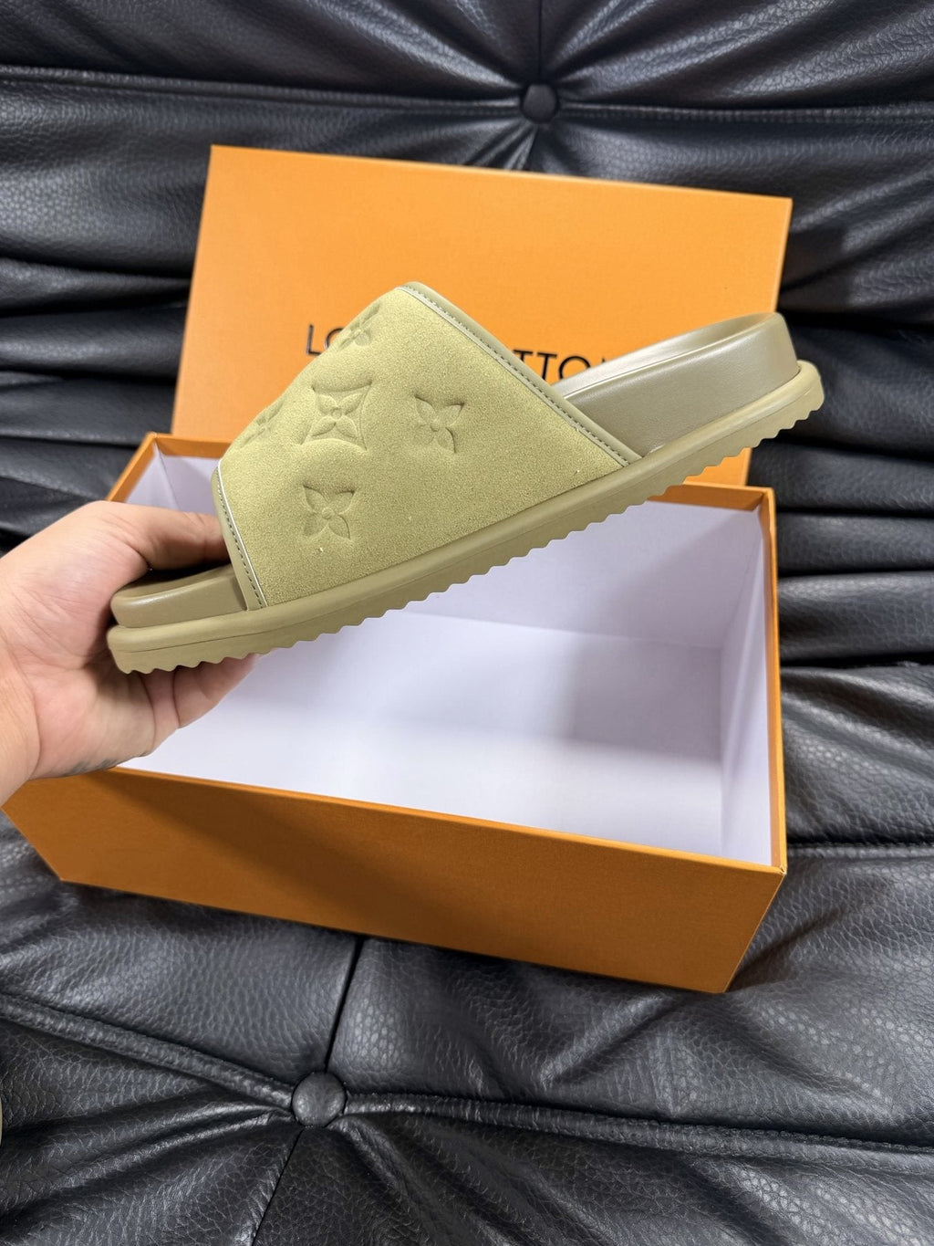 Louis Vuitton Embossed Slide Sandals - Pale Olive Green