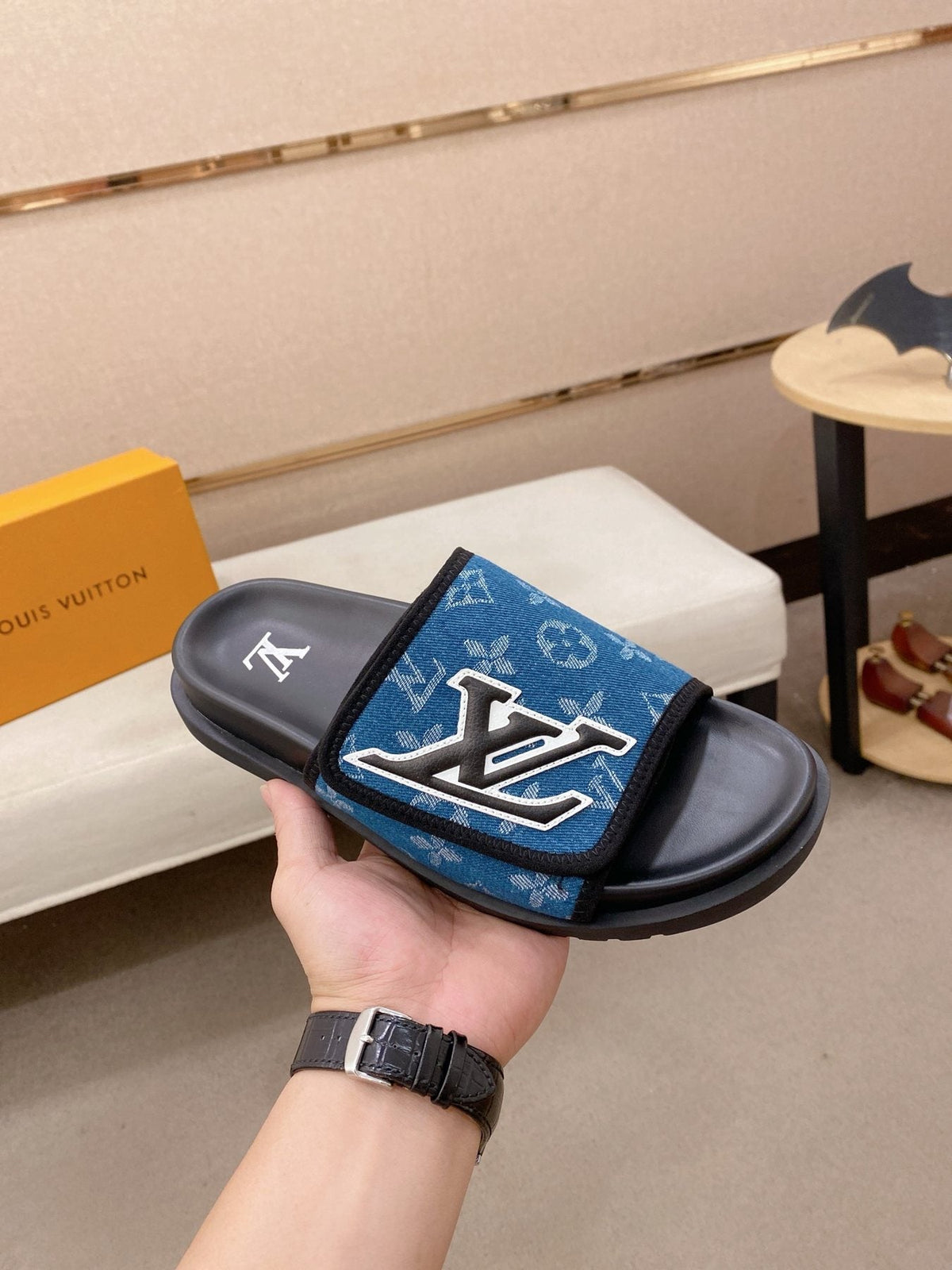 Louis Vuitton Men's Blue Patterned Slide Sandals