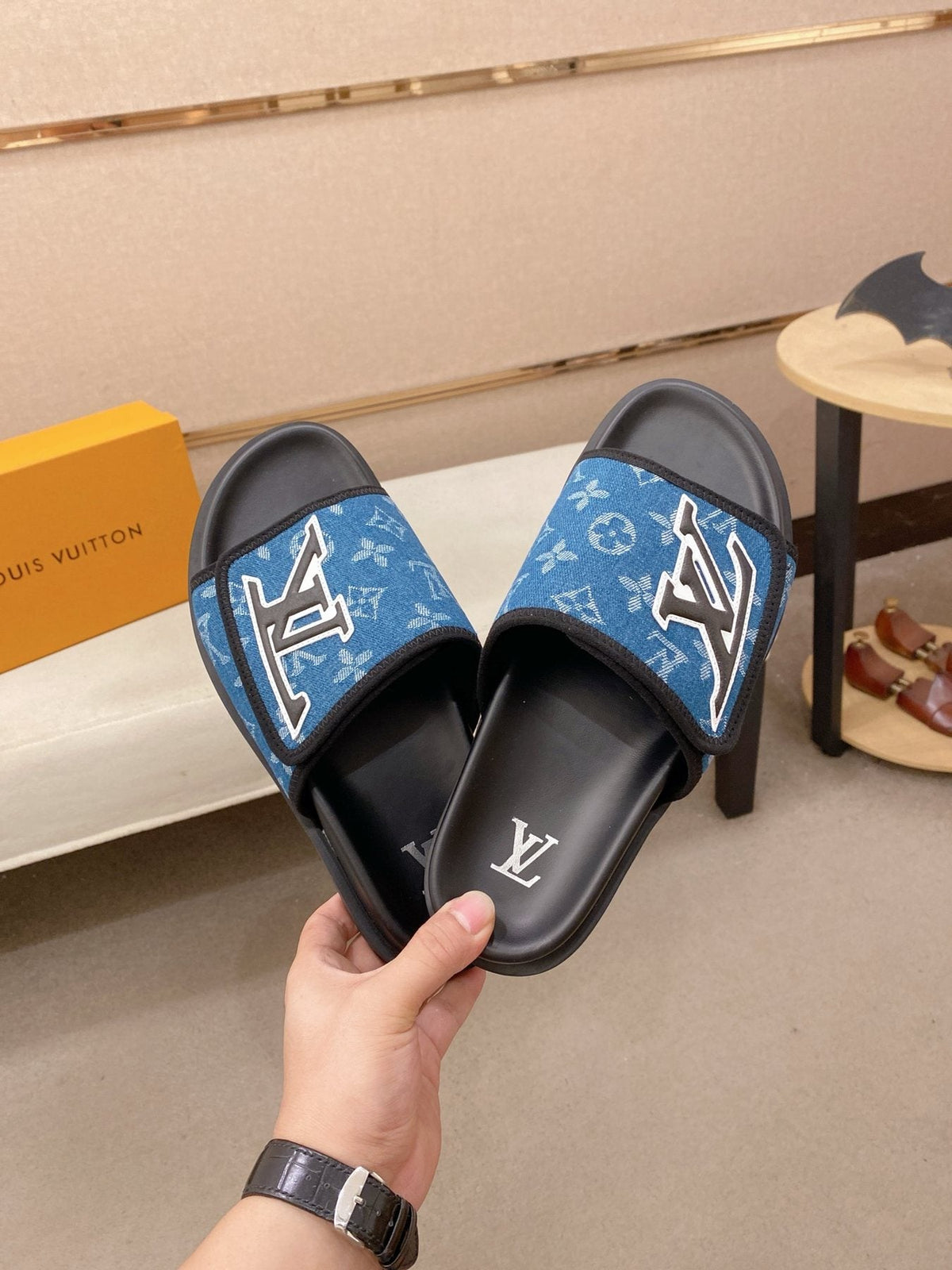 Louis Vuitton Men's Blue Patterned Slide Sandals