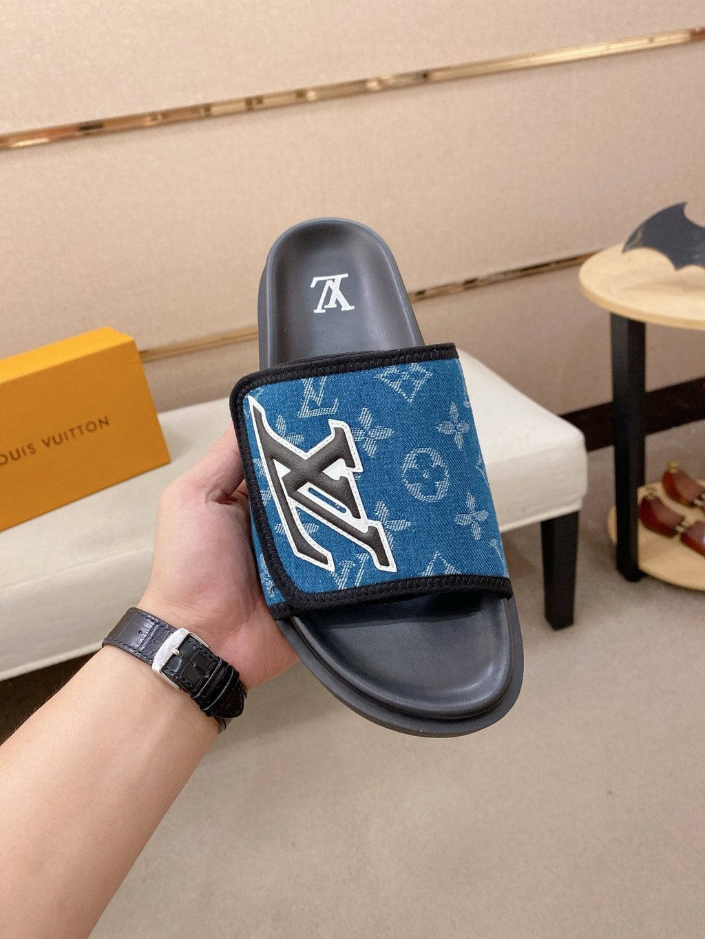 Louis Vuitton Men's Blue Patterned Slide Sandals