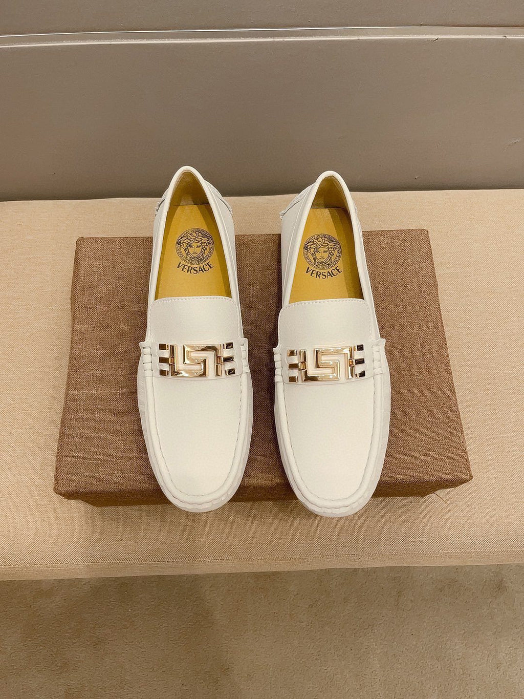 Versace Cream White Gold-Tone Loafers