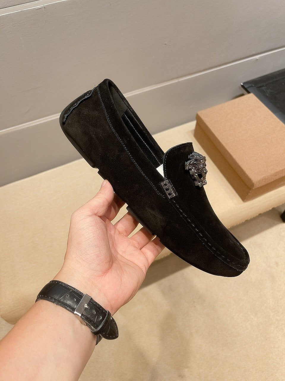 Men's Leather Loafers with Metal Medallion