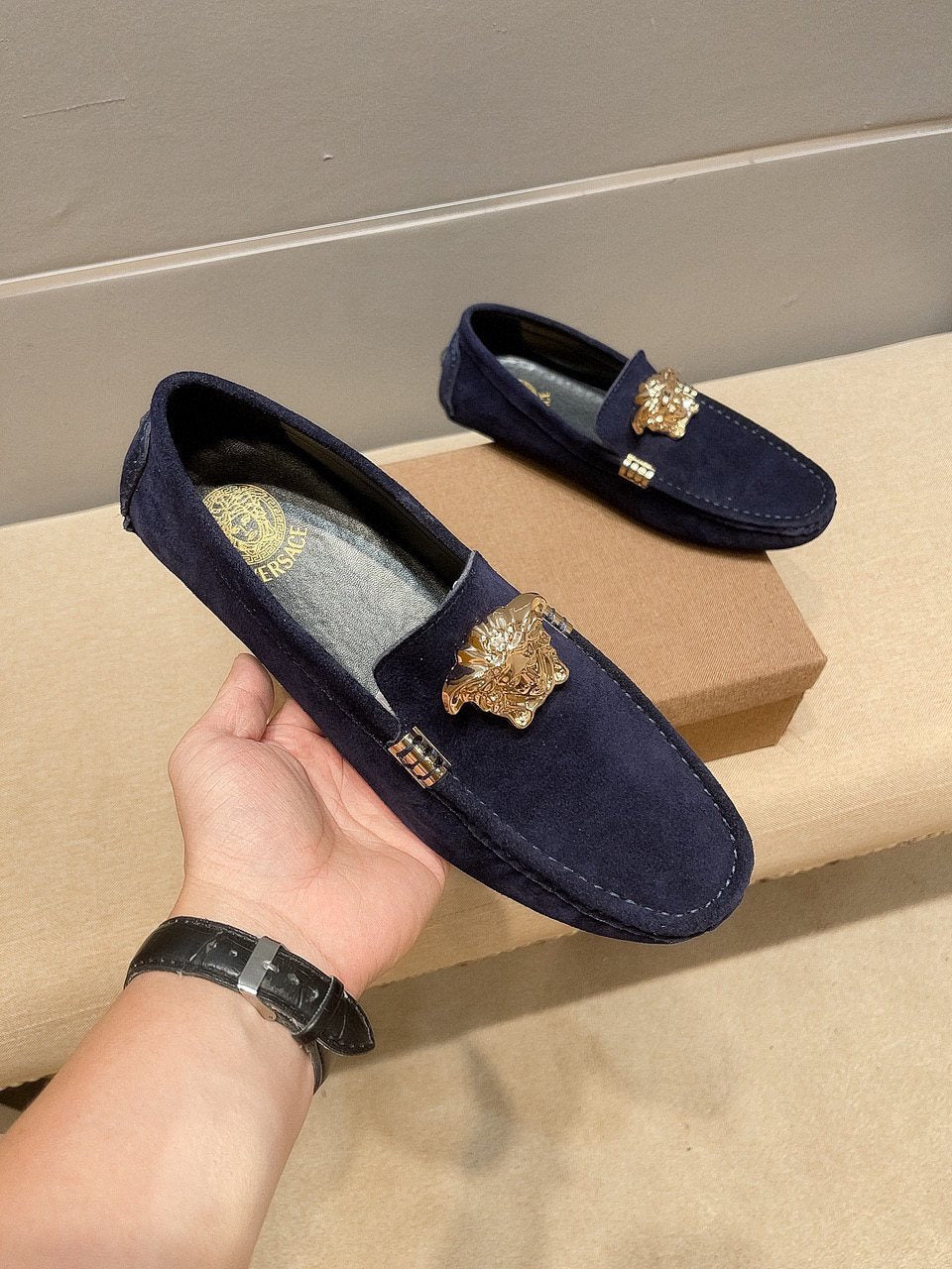 Men's Leather Loafers with Metal Medallion