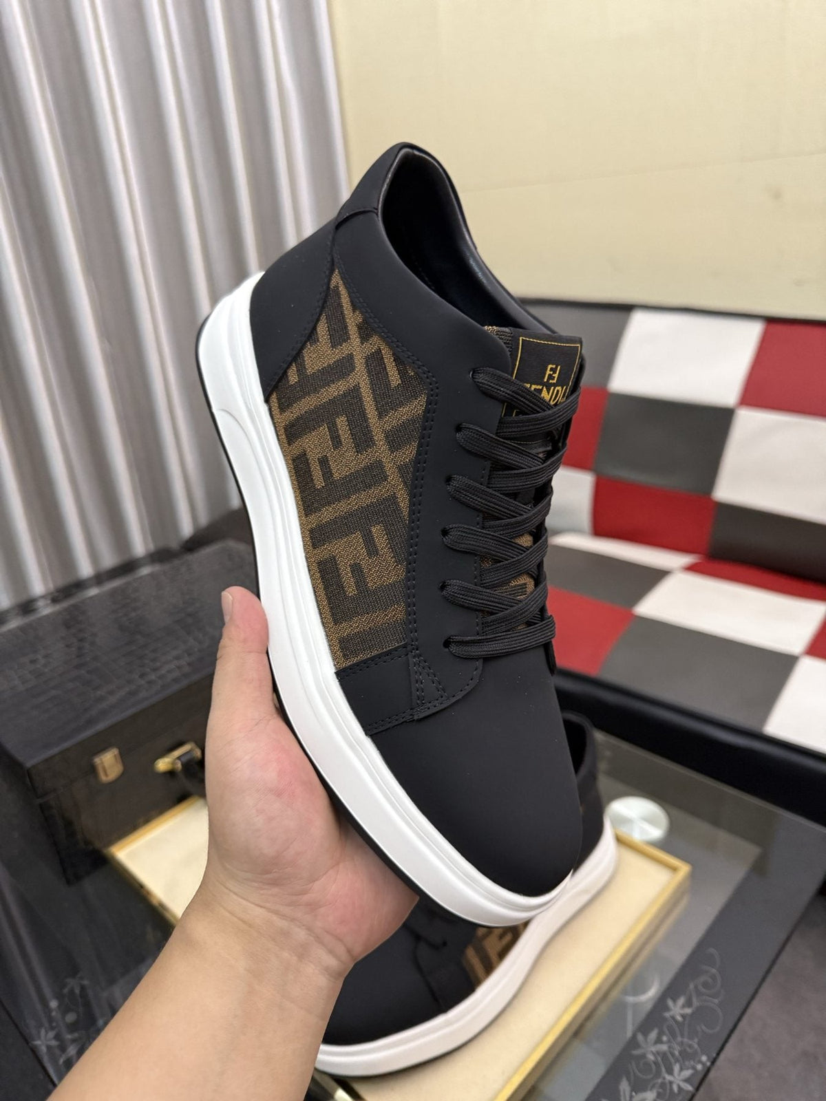 Fendi Patterned-Panel Lace-Up Sneakers