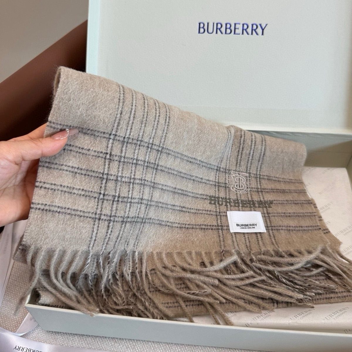 Burberry Light Blue Plaid Fringed Scarf