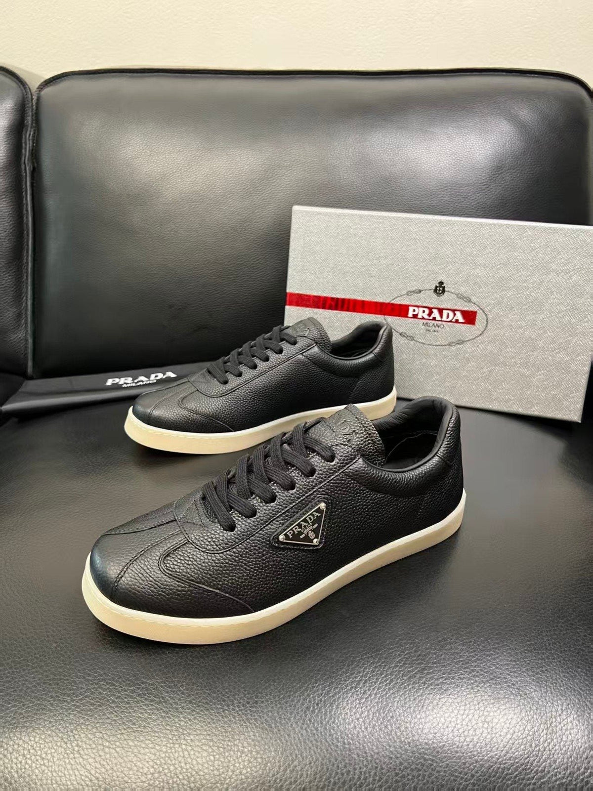 Prada Triangle Logo Low-Top Sneakers - Smooth Leather Upper