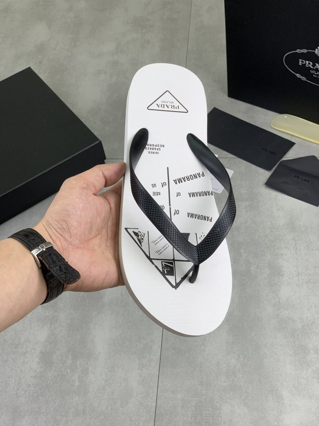 Prada Black Strap White Flip Flops