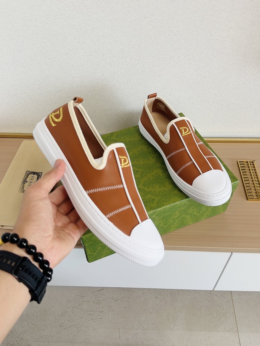 Gucci Brown Slip-On Sneakers with White Toe Caps