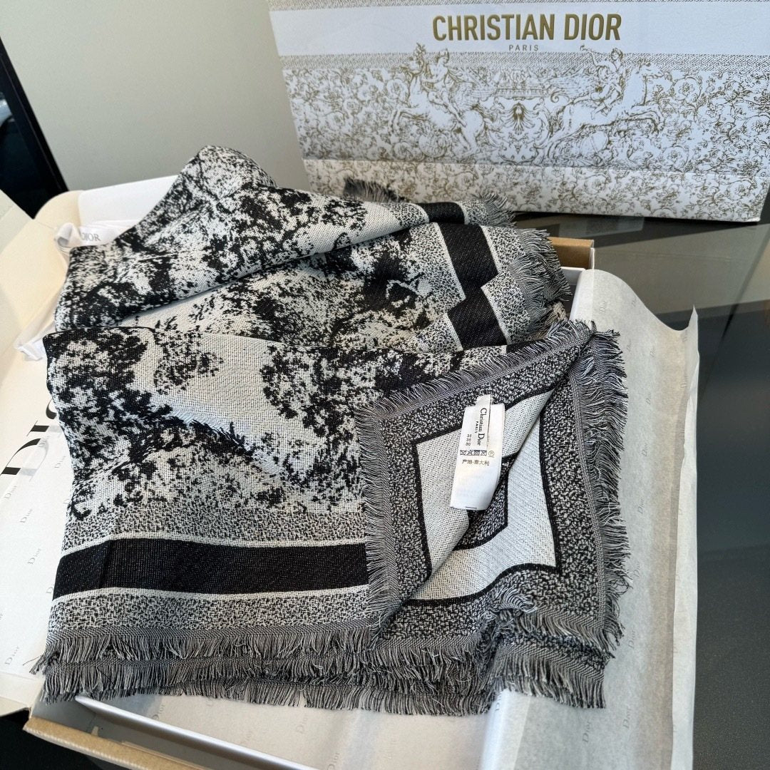 Dior Toile Print Fringe Square Scarf